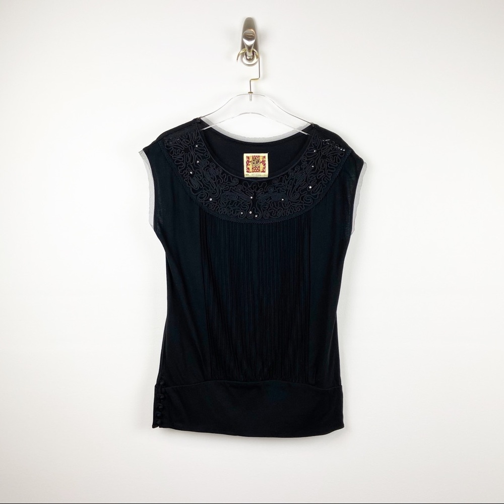 Free People Black Cap Sleeve Embellished Tee Sz M